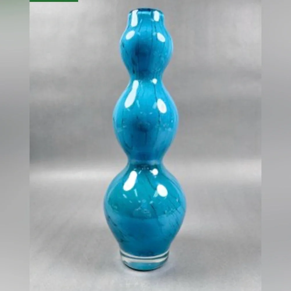 Vintage Pier 1 Turquoise Blue w Black Etch Art Glass Triple Gourd Vase | EUC